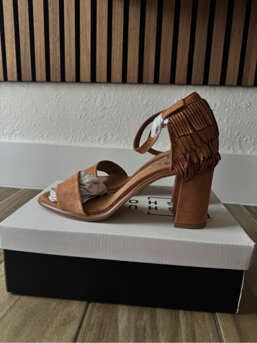 Fringe Block Heel Sandal in Brown SIZE 8